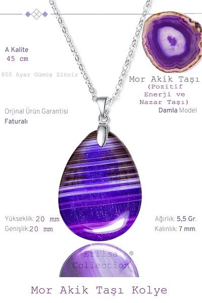 Tesbih Atölyesi Certified Drop Model Veined Purple Agate Stone Necklace (WITH SILVER DEVICE)