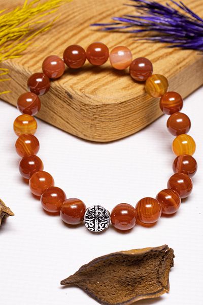 Tesbih Atölyesi Aaa+ Quality Red Agate Stone Bracelet - Silver Apparatus
