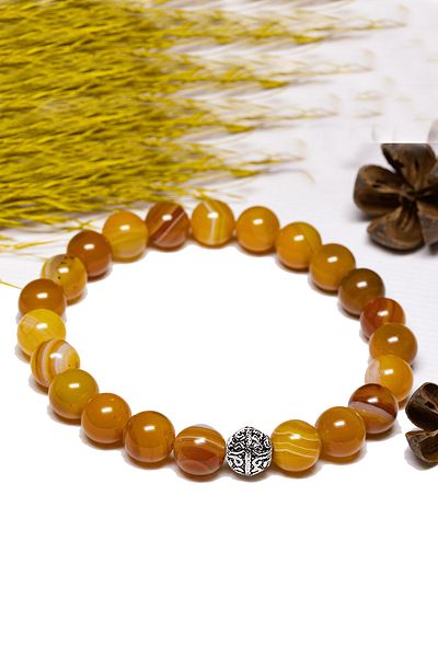 Tesbih Atölyesi Aaa+ Certified - Veined Orange Agate Stone Bracelet, Silver Apparatus