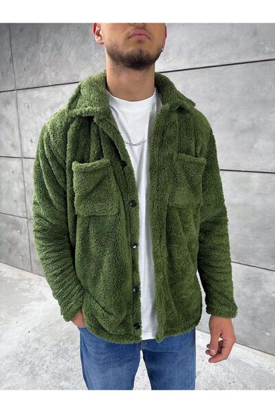 Baycombine35 Зелена плюшева куртка унісекс з кишенями на ґудзиках