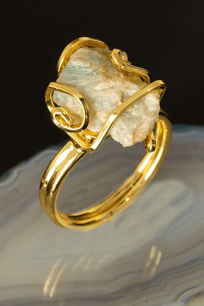 Tesbih Atölyesi Certified Rococo Model Raw Amazonite Stone Ring - Adjustable