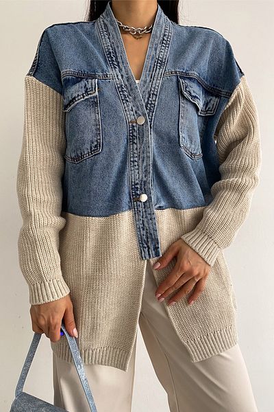 FEMELLE Tricotaj de damă bej cu design detaliat jachetă din denim