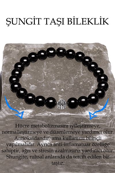 Tesbih Atölyesi Certified A Quality Shungite - Shungite Stone Bracelet - With Silver Device