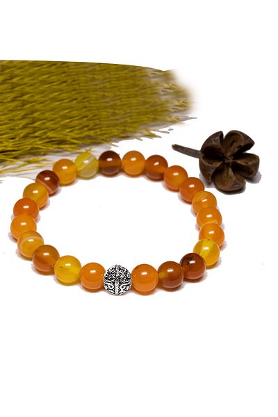 Tesbih Atölyesi AAA Certified - Orange Agate Stone Bracelet, Silver Apparatus