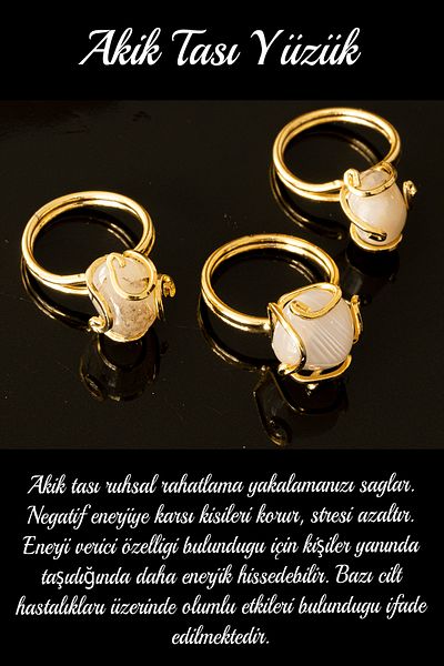 Tesbih Atölyesi Certified Rococo Model Gray Agate Stone Ring - Adjustable