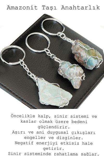 Tesbih Atölyesi Certified Silver Raw Amazonite Stone Keychain - Wire Wrapped