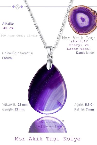 Tesbih Atölyesi Certified Drop Model Purple Agate Stone Necklace (WITH SILVER DEVICE)