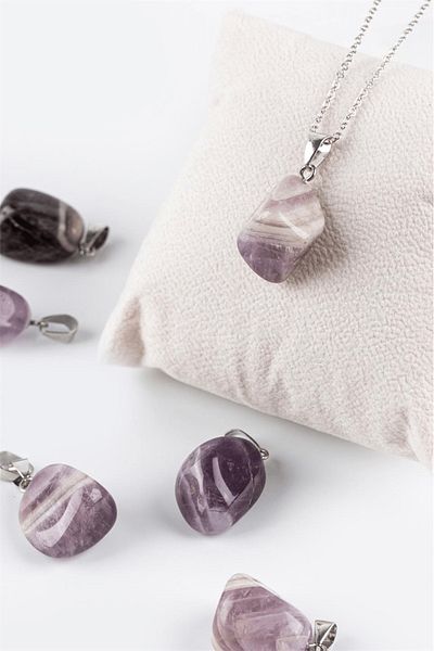 Tesbih Atölyesi Certified Drum Model Amethyst Stone Necklace (WITH SILVER DEVICE)