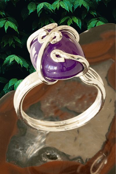 Tesbih Atölyesi Certified Silver Rococo Model Purple Agate Stone Ring - Adjustable