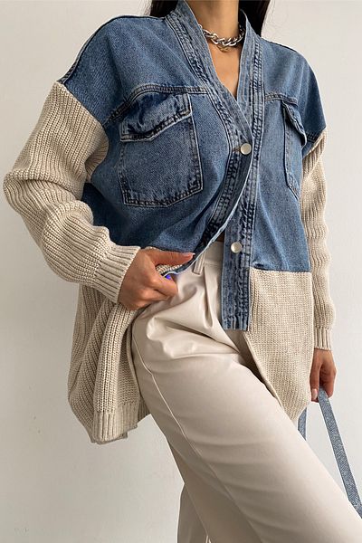 FEMELLE Tricotaj de damă bej cu design detaliat jachetă din denim