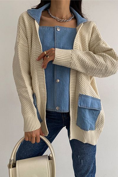 FEMELLE Gilet de damă, bej, mărime standard, cu buton cu apăsare, buzunar dublu, denim, denim, tricotaj supradimensionat, cardigan