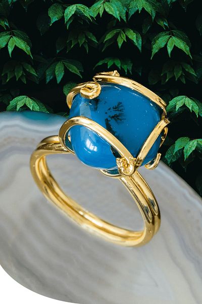 Tesbih Atölyesi Certified Rococo Model Dark Blue Agate Stone Ring - Adjustable