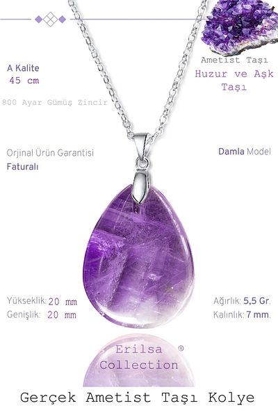 Tesbih Atölyesi Certified Drop Model Amethyst Stone Necklace - 20mm (With Silver Device)