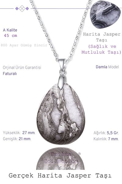 Tesbih Atölyesi Certified Drop Model Patterned Map Jasper Stone Necklace (WITH SILVER DEVICE)
