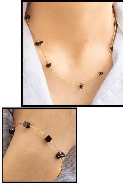 Tesbih Atölyesi Natural Stone Necklace Bracelet Set with Certified Obsidian Stone