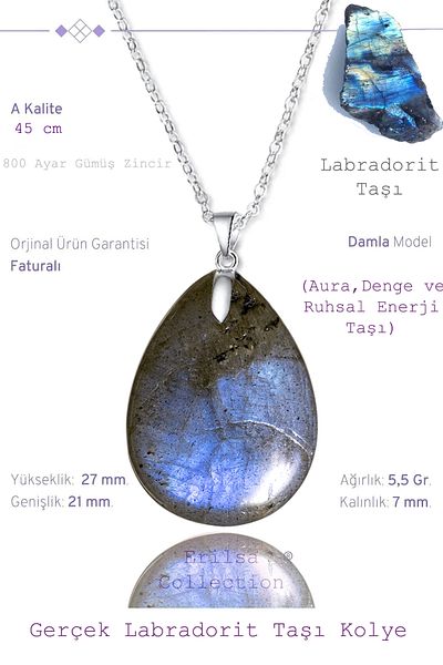 Tesbih Atölyesi Certified Drop Model Real Labradorite Stone Necklace (WITH SILVER DEVICE)