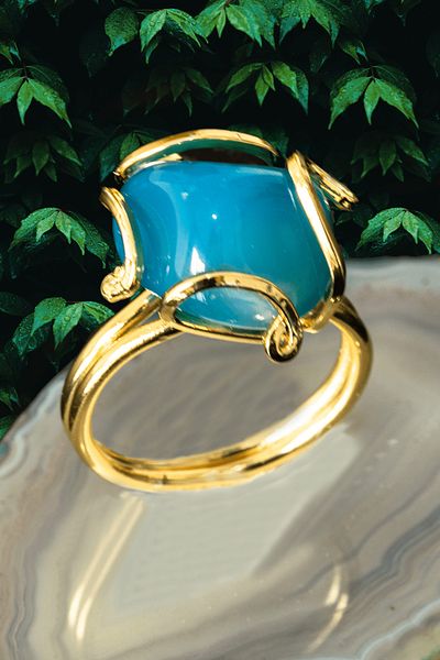 Tesbih Atölyesi Certified Rococo Model Blue Agate Stone Ring - Adjustable