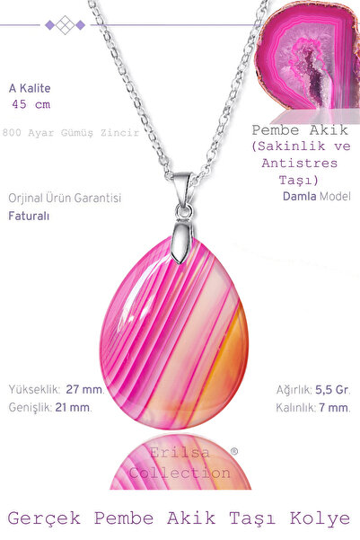 Tesbih Atölyesi Sertifikalı Damla Model Pembe Akik Taşı Kolye (Gümüş Aparatlı)