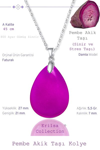 Tesbih Atölyesi Certified Drop Model Pink Agate Stone Necklace (WITH SILVER DEVICE)