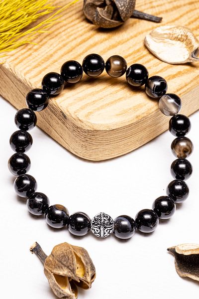 Tesbih Atölyesi Certified Aaa+ Black Agate Stone Bracelet - With Silver Device