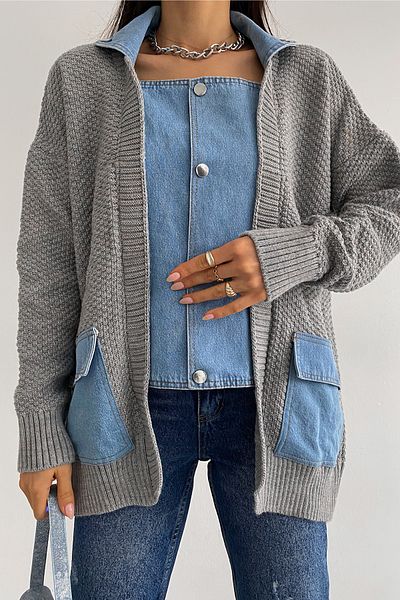 FEMELLE Dámské Šedé Standardní velikost Zapínání na knoflík Džínovina s dvojitou kapsou Džínovina Detailní design Oversize Pletený Cardigan
