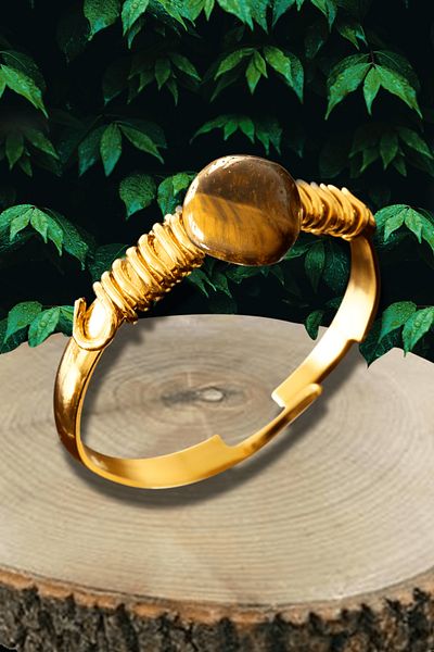 Tesbih Atölyesi Certified Broken Stone Gold Model Tiger Eye Stone Ring - Adjustable
