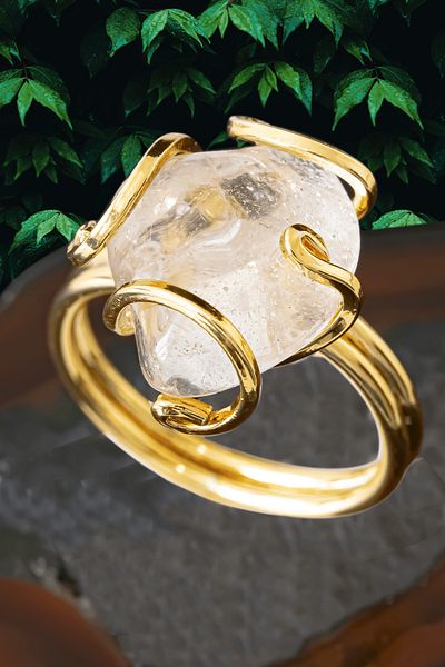 Tesbih Atölyesi Certified Gold Rococo Model Crystal Quartz Stone Ring - Adjustable