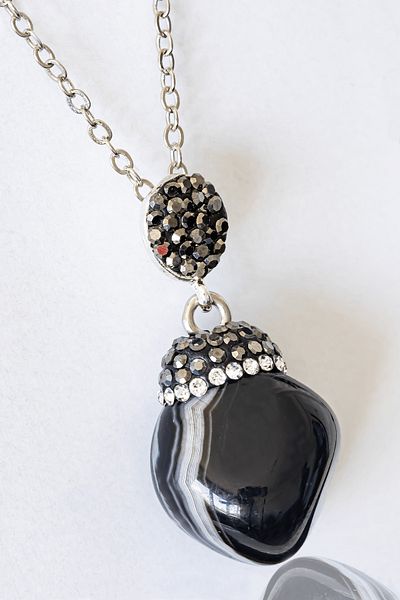 Tesbih Atölyesi Certified Raw Zircon Stone Model Black Agate Stone Necklace