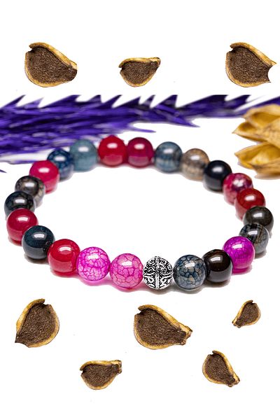 Tesbih Atölyesi Certified Aaa+ Quality Veined Colored Agate Stone Bracelet - With Silver Device