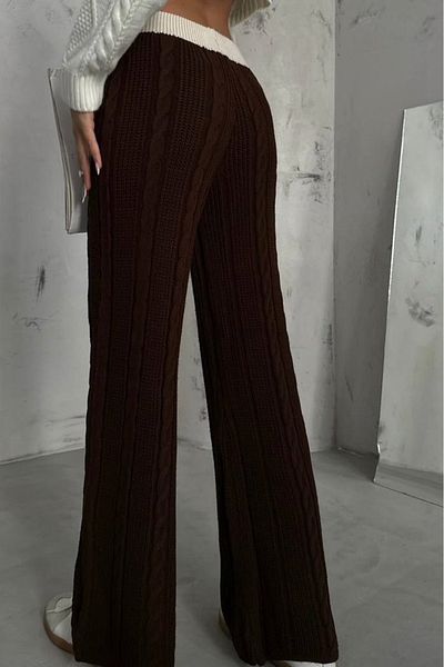 lovebox Women's Belt Detail Wide Leg Knitwear Brown Trousers 23W01017