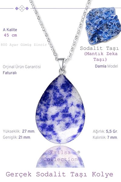 Tesbih Atölyesi Certified Drop Model Sodalite Stone Necklace (WITH SILVER DEVICE)