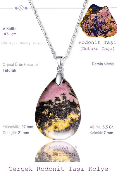 Tesbih Atölyesi Certified Drop Model Rhodochrosite - Rhodonite Stone Necklace (WITH SILVER DEVICE)
