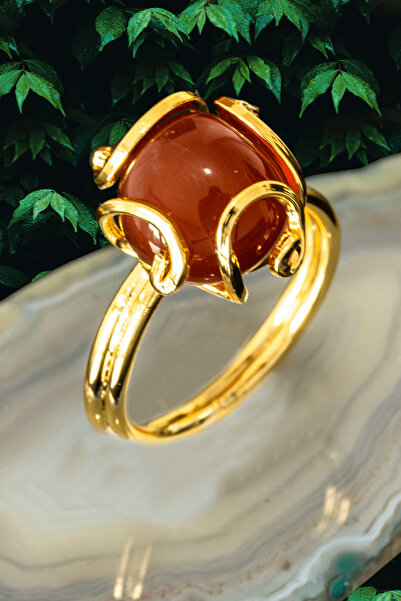 Tesbih Atölyesi Red Yemen Rococo Agate Stone Ring - Certified and Adjustable