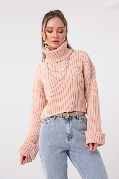 Lafaba Women's Powder Wide Ribbed Turtleneck Crop Sweater