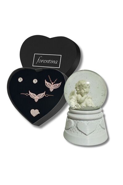Forentina Rose Melek Kolye Bileklik Küpe Yüzük - Kar Küresi Hediye Set - Ps32...