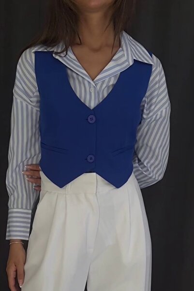 bayansepeti Γιλέκο με κουμπιά Crop μπλε κοβαλτίου 23S12005