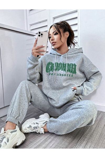 Josette California Pattern Winter Bottom Top Set Sweatshirt Tracksuit Bottoms - Gray Printed Oversize Hoodie