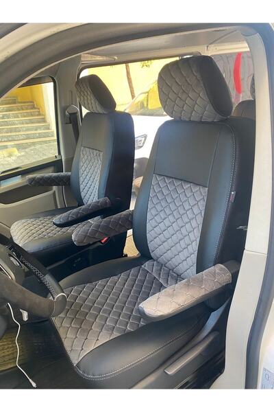 AKINCI Volkswogen Transporter 4+1 T6 T7 - طماق جلدية سوداء مع تطريز رمادي