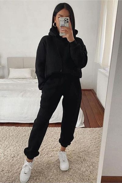 Josette Plain Basic Winter Bottom Top Set Sweatshirt Tracksuit Bottoms - Black Oversize Hoodie