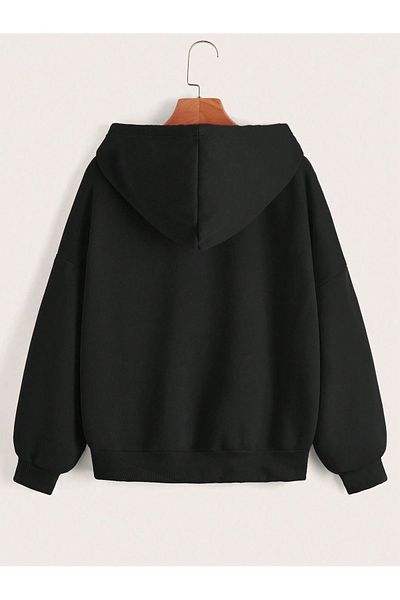 Josette Ζακέτα Papatya - Μαύρη στάμπα Winter Oversize Ζακέτα με φερμουάρ με κουκούλα και λεπτομέρεια