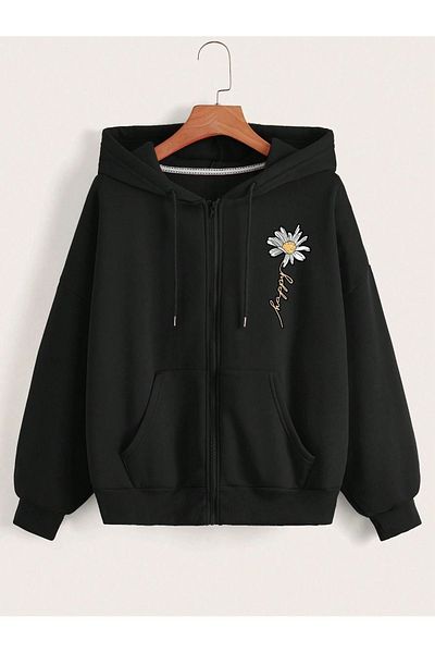 Josette Ζακέτα Papatya - Μαύρη στάμπα Winter Oversize Ζακέτα με φερμουάρ με κουκούλα και λεπτομέρεια