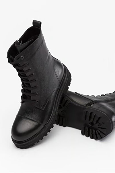 DeriNial Hakiki Deri Kadın Uzun Bot Yanı Fermuarlı Dikişli Bağcıklı Postal 35-42 numara