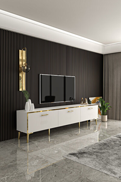 Givayo Mobilya Manolya 180 cm Altın Ayaklı Beyaz Tv Ünitesi