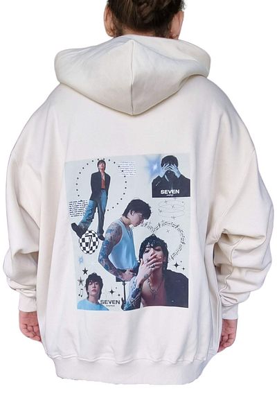 KRIMO Kpop Bts Jungkook Back Printed Cream Oversize Hooded Sweatshirt