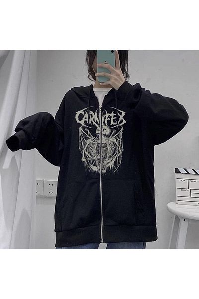 Josette Ζακέτα Carnifex Design - Μαύρη στάμπα Winter Oversize Ζακέτα με κουκούλα με φερμουάρ και λεπτομέρεια