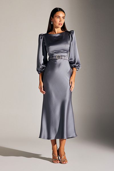 BETTY & SAM DIANA GRAUES Kleid mit Ballonärmeln und Steingürtel