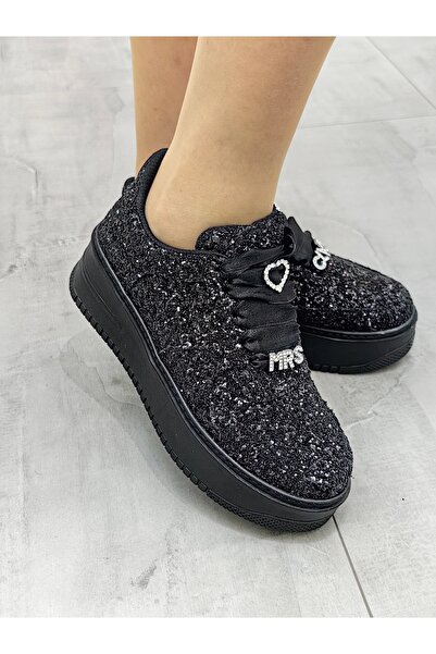 Ayakkabı Tutkusu Stilo ® Siyah Spor Ayakkabı Parıltılı Şık Tasarım Rahat Sneaker Işıltılı Siyah Ayakkabı