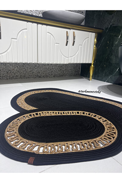 Türkmen Ev Tekstil الجوت 2 قطعة أسود، سترو، ممسحة، سجادة حمام، سجادة باب أمام...