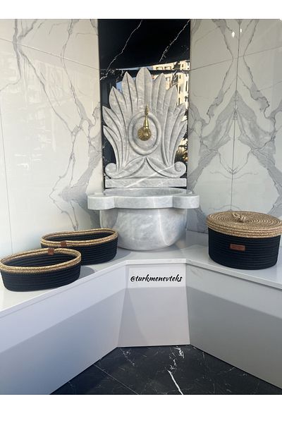 Türkmen Ev Tekstil Комплект от черна плетена кошница от юта - с капак, овална кошница и органайзер