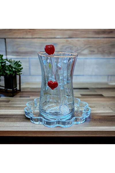 nazarboncuğuimlatı Paşabahçe Glass Heart Figured Tea Set for 6 People 18 Pieces with Tea Plate and Teaspoon